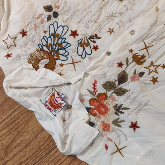 Johnny Was white embroidered button-down tunic high-low floral butterfly star XL - Picture 4 of 7